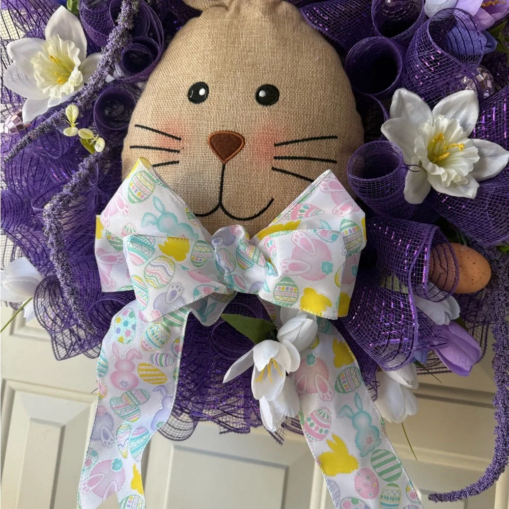 Easter Bunny Wreath with Purple Mesh and Floral Accents